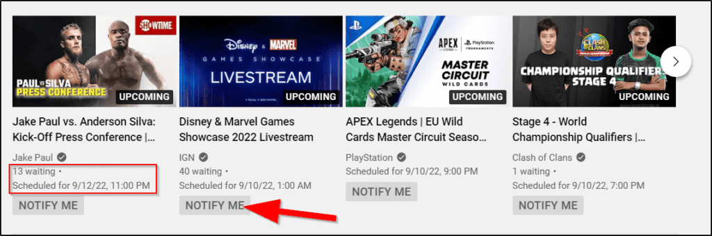 YouTube live streaming channel with upcoming shows, red arrow pointing at Notify Me