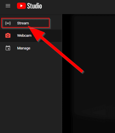 YouTube live studio menu with red arrow pointing at Stream