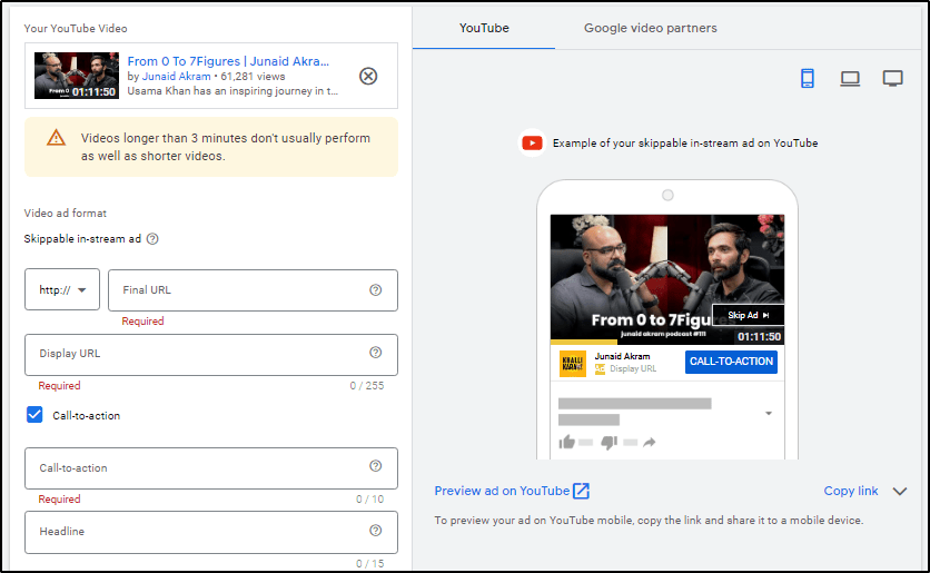 YouTube video settings showing example of skippable in-stream ad: From 0 to 7Figures 