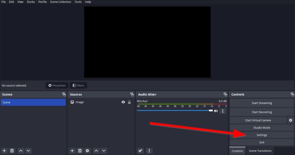 YouTube with OBS menu, red arrow pointing at settings