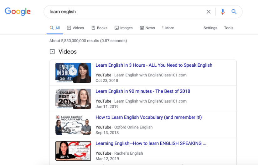 Screenshot of "learn english" results from YouTube on Google search results