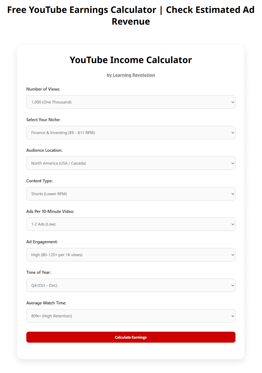YouTube Calculator For Channel Earnings & Ad Revenue (2026)