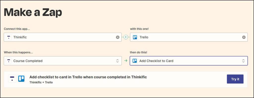 Make a Zap screen with Trello and Try It button