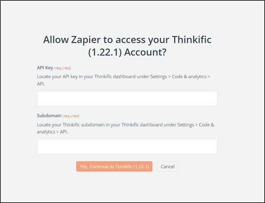 Pop-up window to allow zapier to access your thinkific account