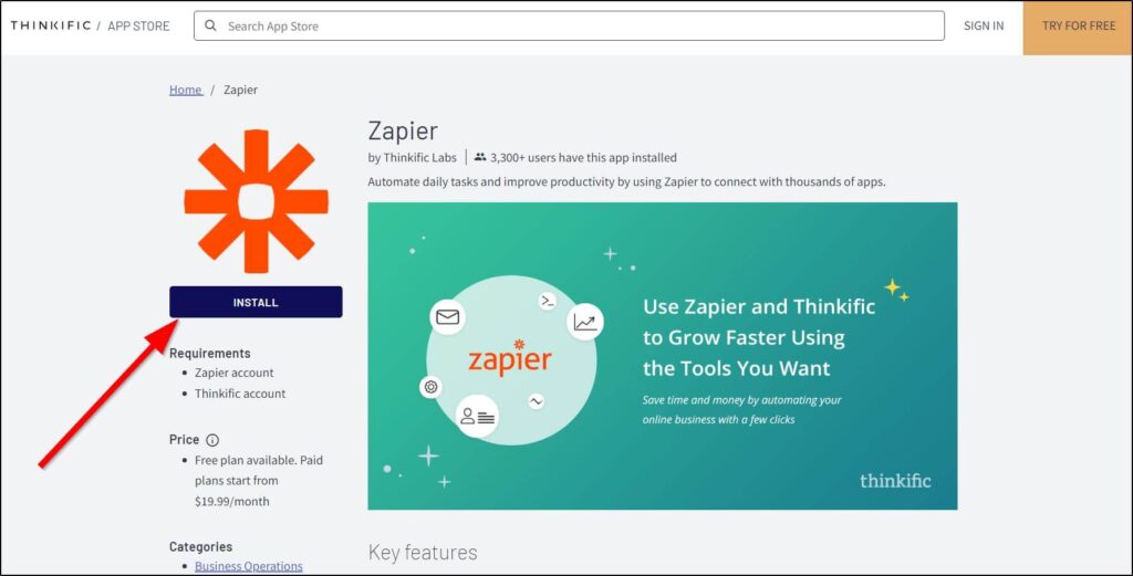Zapier App in Thinkific App Store
Red arrow pointing to box that says INSTALL 