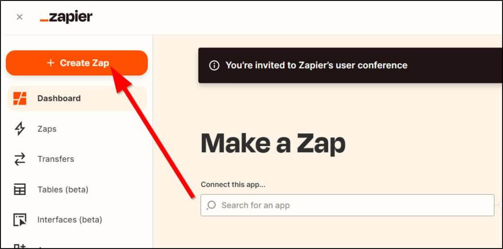 Screenshot of Make a Zap
Red arrow pointing to Create ZAap box