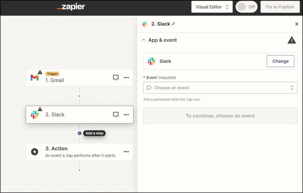 Zapier Visual Editor Workflow
1. Trigger Gmail
2. Slack
3. Action