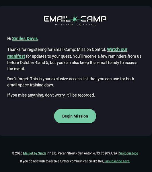 Email example black background, green Begin Mission button
