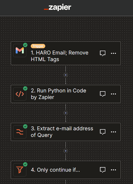 screenshot of HARO Email trigger with 4 boxes 
1. HARO Email
2. Python Code
3. Extract email addresses
4. Only continue if...