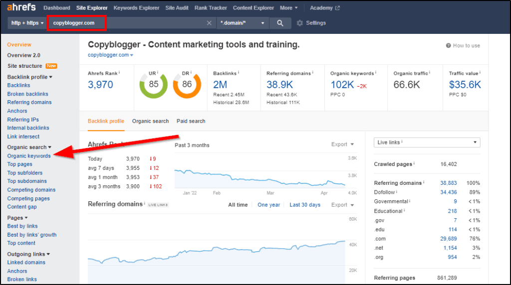 Ahrefs page showing keyword results for copyblogger.com