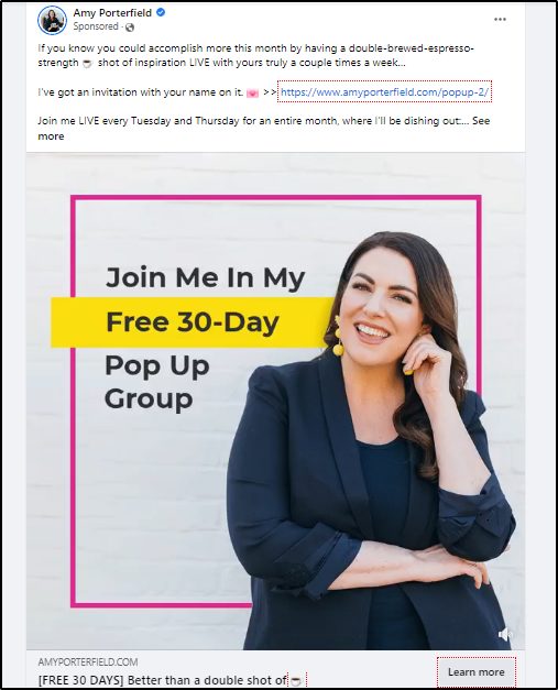 screenshot of Facebook retargeting ad from Amy Porterfield, "Join Me In My Free 30-Day Pop Up Group"