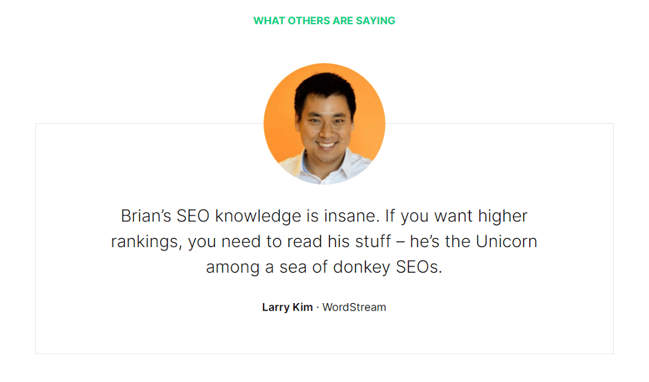 Testimonial from Larry Kim for Backlinko and Brian Dean