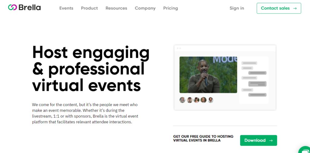 Screen shot of Brella homepage with a man on the microphone talking to an audience