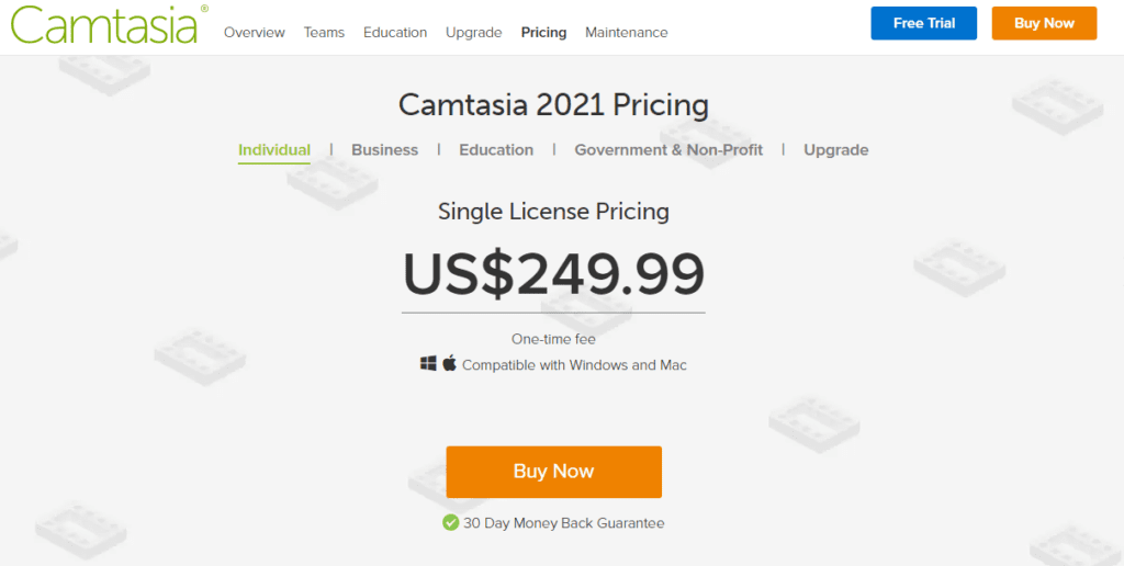 Comtasia 2021 Pricing page