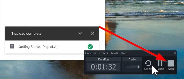 Camtasia page to stop recording with the stop button.