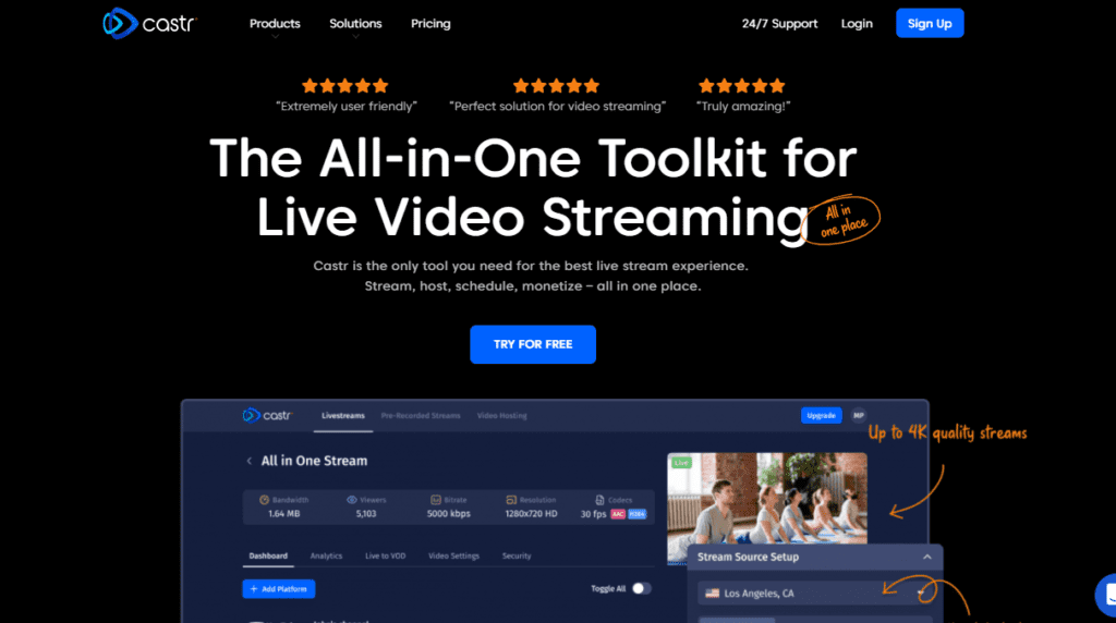 Castr live streaming software sign up page
