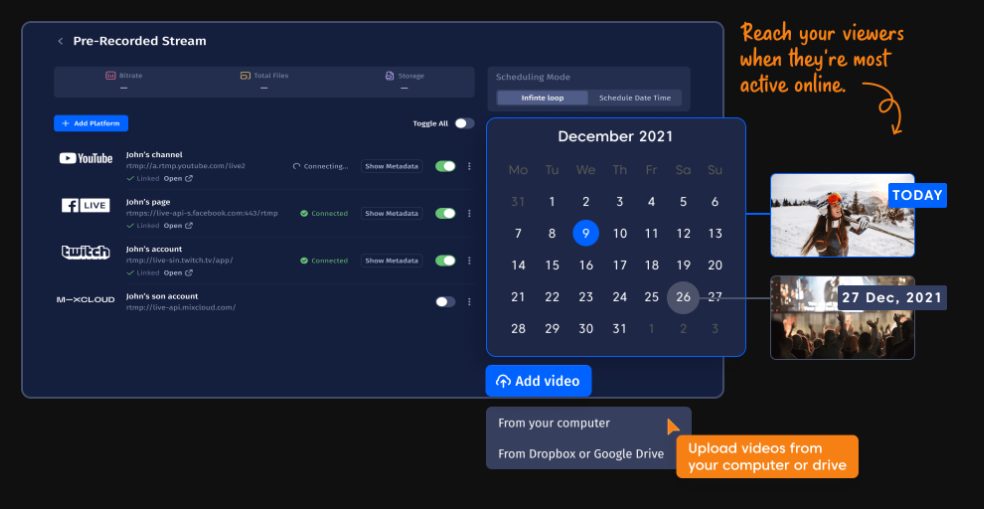 use Castr livestream software to schedule pre-recorded videos page