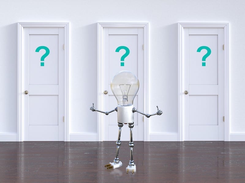 Light bulb with body in front of three doors with questions - how to choose an online learning platform concept