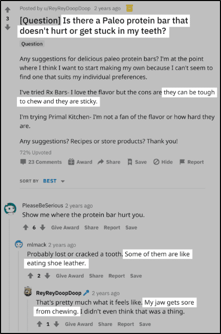 Screenshot of Reddit thread, "[Question] Is there a Paleo protein bar tht doesn't hurt or get stuck in my teeth?"