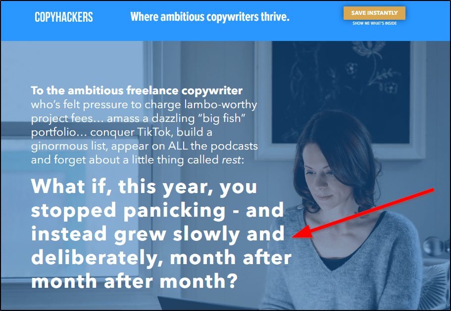 Copyhackers ad asking "What if, this year, you stopped panicking - and instead grew slowly and deliberately, month after month?"