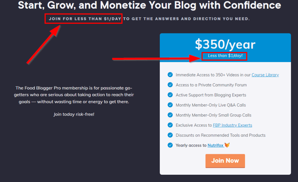 Example membership site sign-up page using the DTR technique. Red box around "Join for less than $1/day"