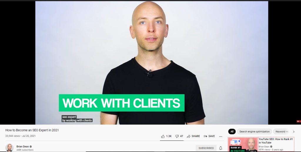 Example of Brain Dean of Backlinko - he definitely knows how to start a YouTube channel to build audience for premium SEO Course. 