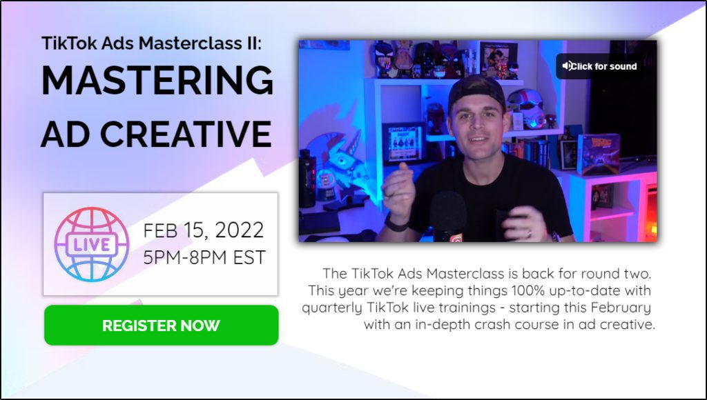 screenshot of Webinar landing page for TikTok Ads Masterclass II