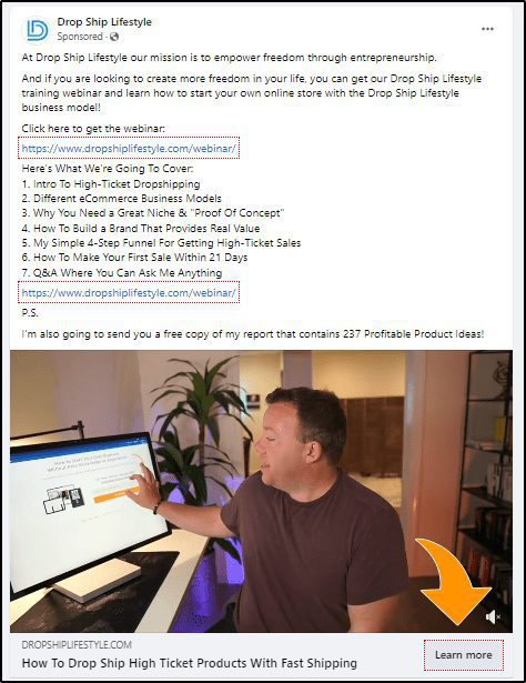 screenshot of example of a Facebook video ad by Drop Ship Lifestyle