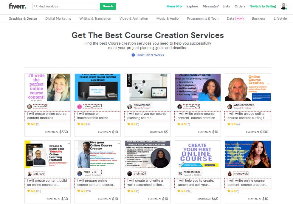 Graphic of Fiverr website, where you can find freelancers to assist in your course creation.