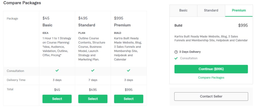 Page to show Gigs comparable package pricing