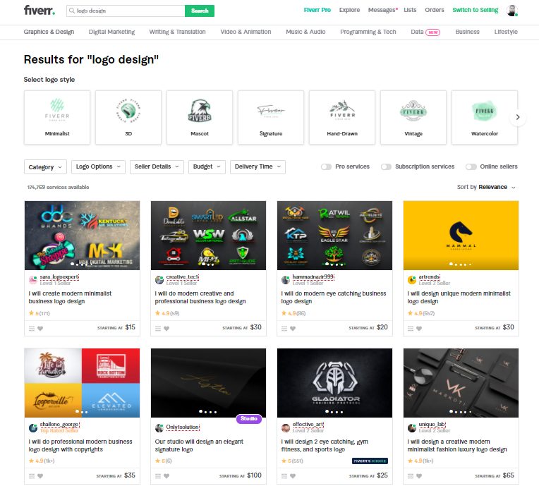 Fiverr's marketplace search page