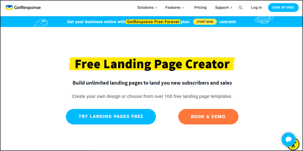 Screen shot of Get Response sign-up page "Try Landing Pages Free" or "Book a Demo"