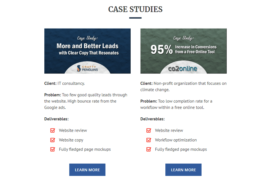 Example of case studies on Gill Andrews' website