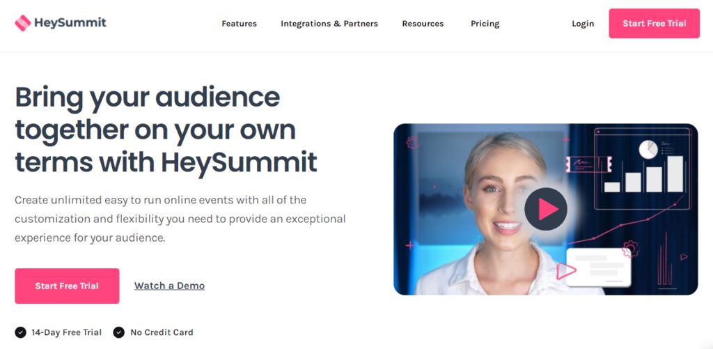 Screen shot of HeySummit homepage with still image of a woman smiling next to statistics