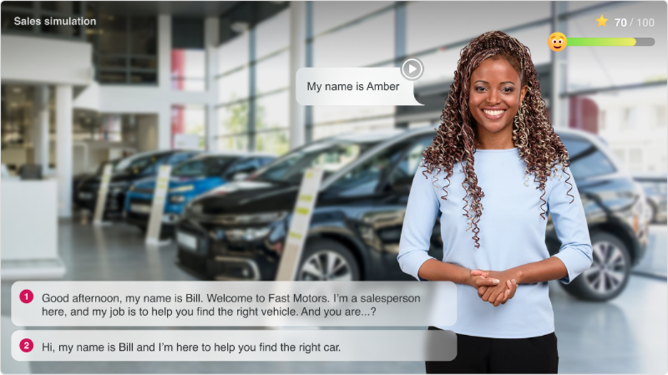 iSpring sales simulation page, girl in front of cars "My name is Amber"