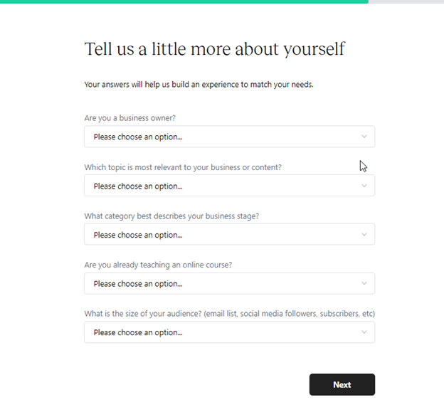 Teachable for "Tell us a little more about yourself" form page