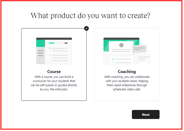 Teachable product selection page: "What product do you want to create."