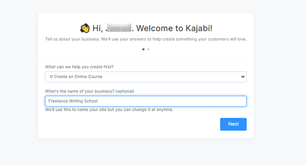 Welcome to Kajabi page asking questions as you sign up