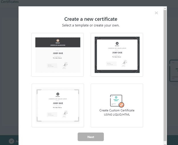 Teachable page to Create a new certificate for course completion