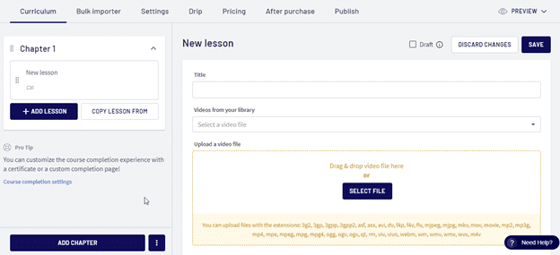 Thinkific new lesson page to set up a new lesson