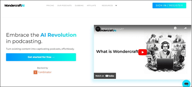 Wondercraft AI homepage with Get started for free button