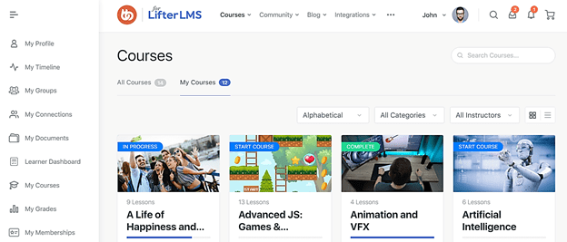 LifterLMS page for courses