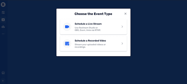 Restream.io Page to choose event type for video recording