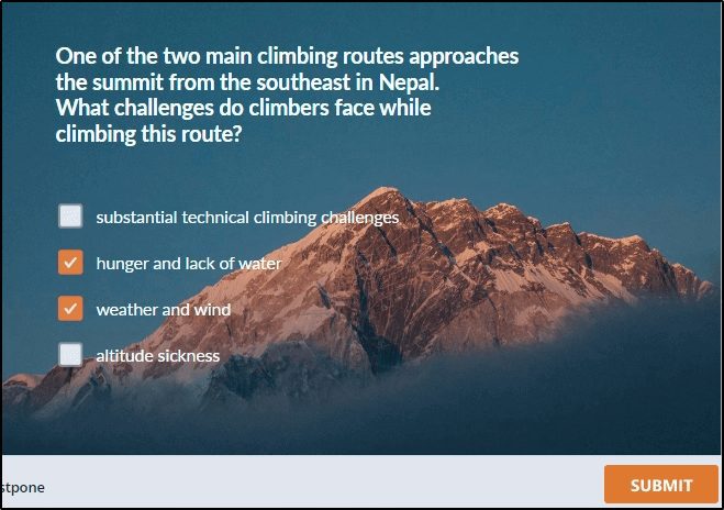 Picture of mountain with quiz question example: "...What challenges do climbers face while climbing this route?"