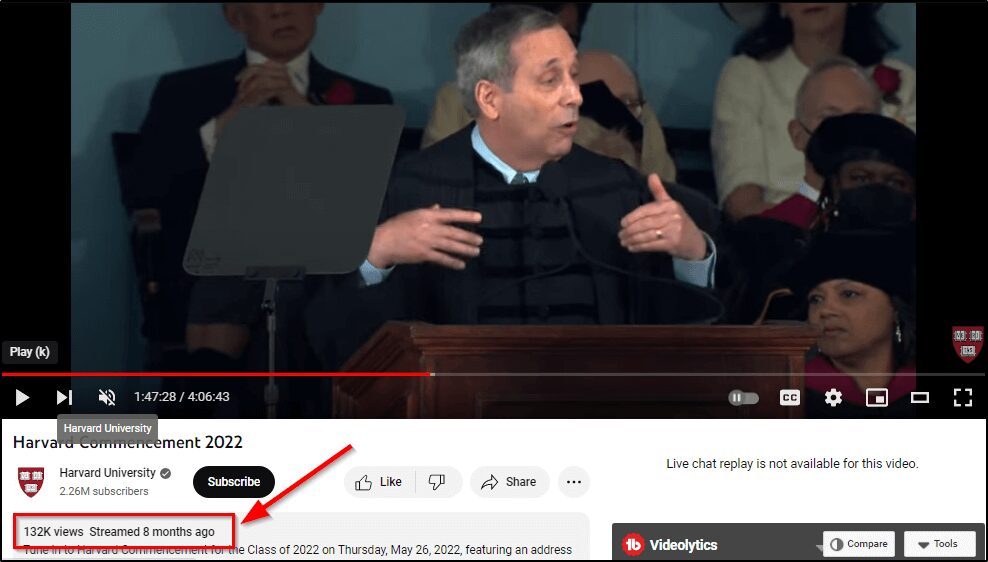 Harvard University live stream on YouTube showing commencement 2022, red arrow pointing to 132k views
