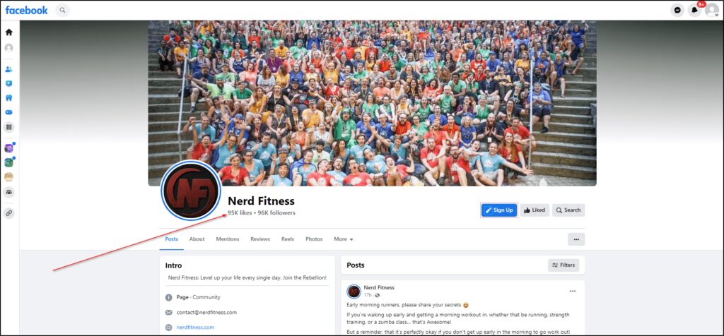 Nerd Fitness Facebook group; red arrow pointing at 95k likes