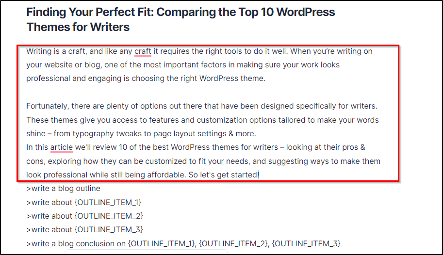 "Finding Your Perfect Fit: Comparing the Top 10 WordPress Themes for Writers" with red box around  content generated for "Write an introduction"