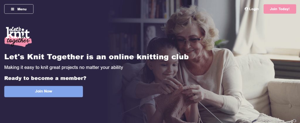 "Let's knit together" home page with "Join now" button for an online knitting club