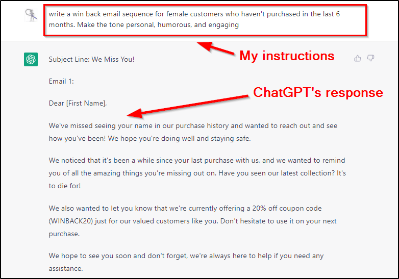 Directions to write a win-back email sequence, red box around prompt, with red arrow pointing "My instructions" and another red arrow pointing "ChatGPT's response"