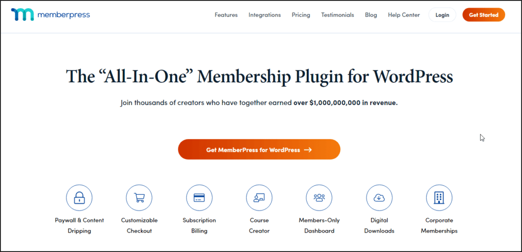 MemberPress home page with informational content